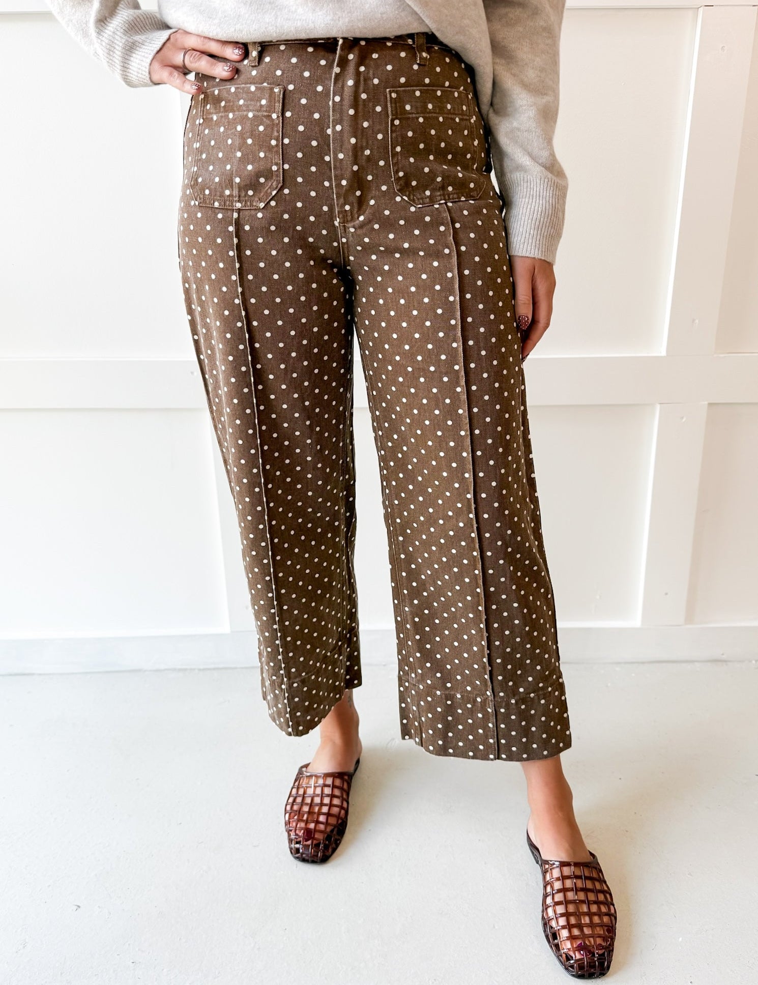 Polka Dot Print Pants - Brown