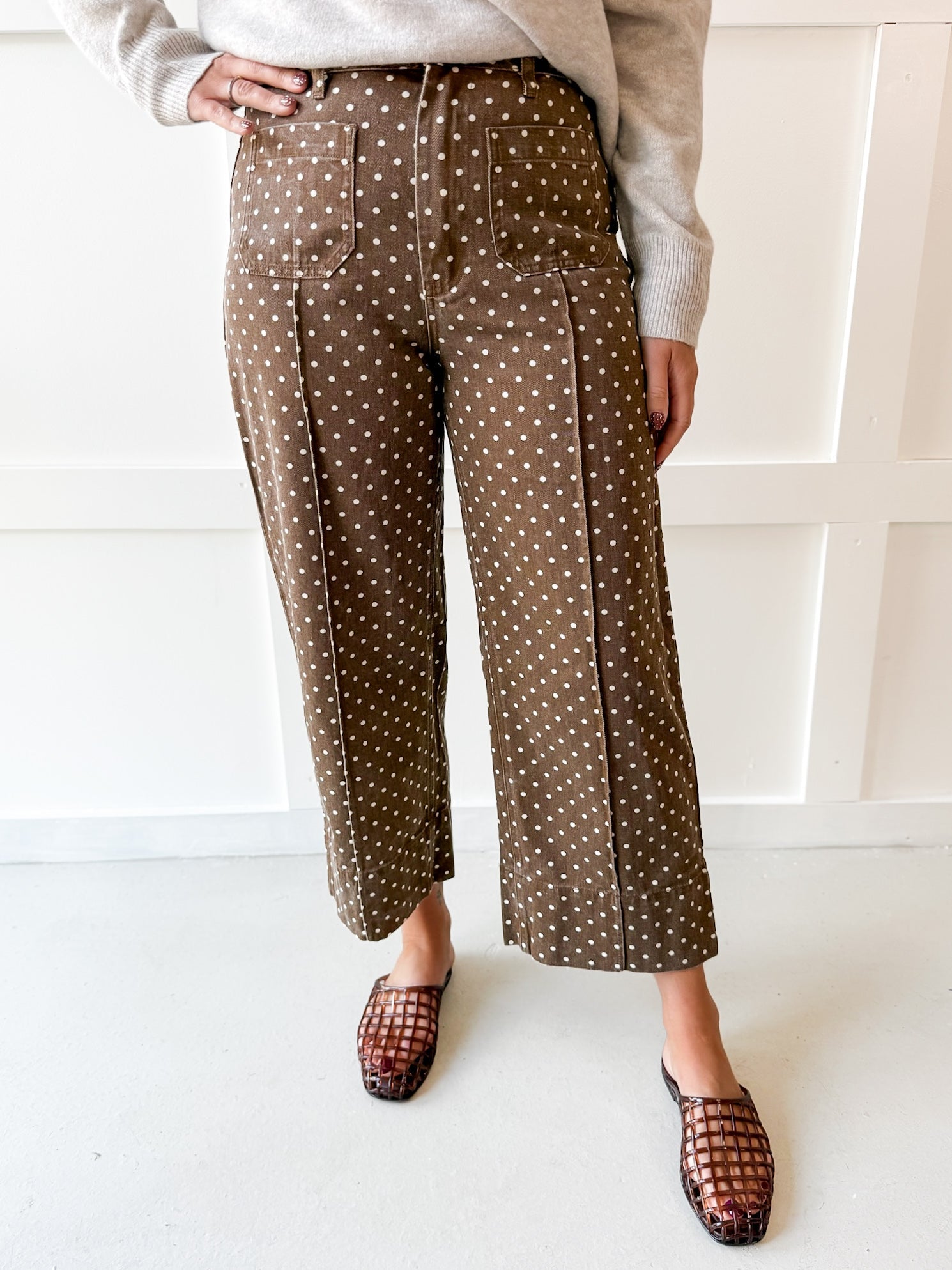 Polka Dot Print Pants - Brown