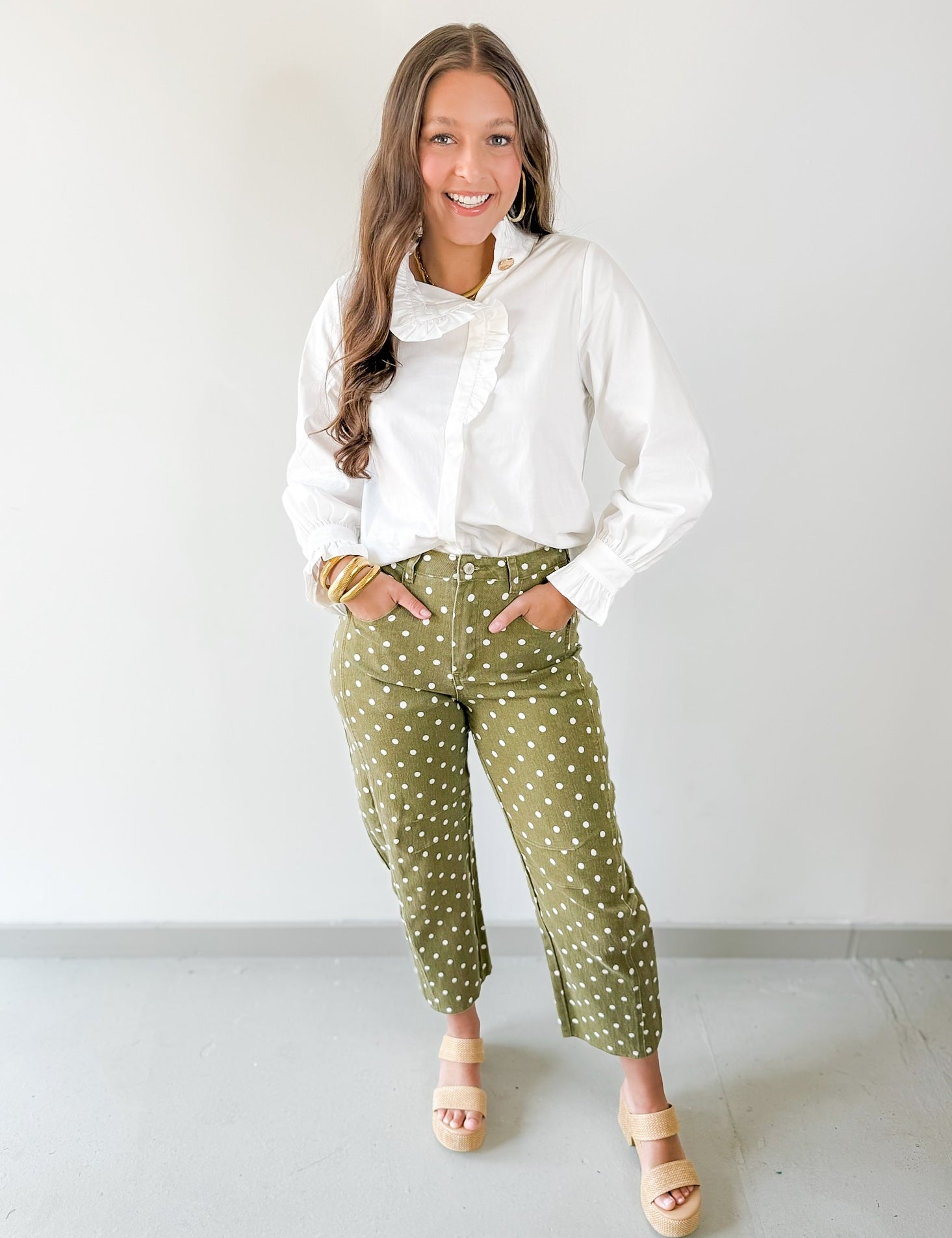 Polka Dot Print Pants - Olive