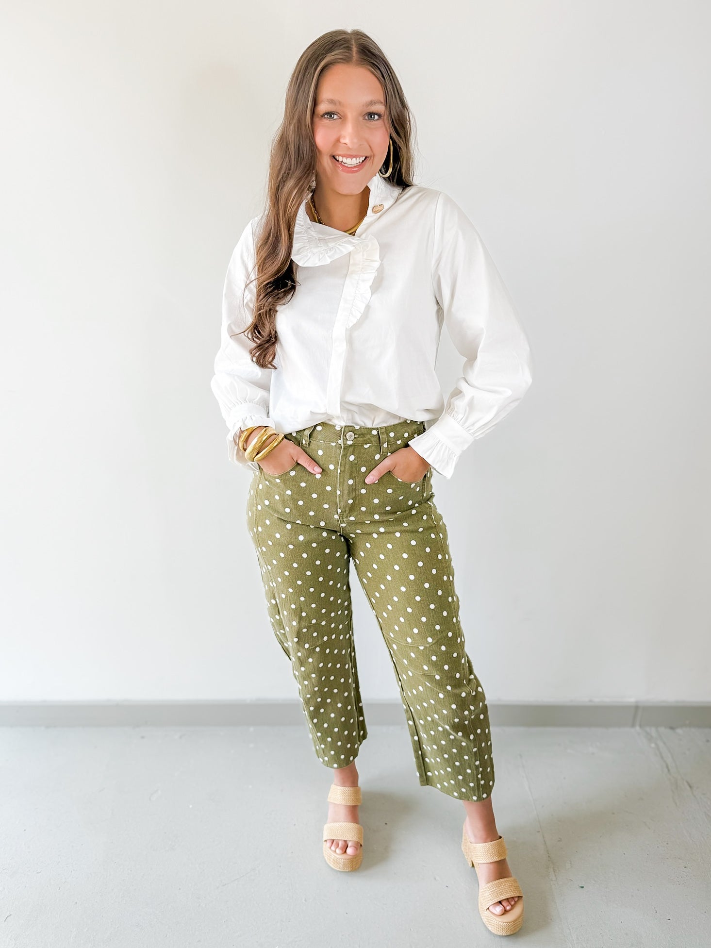 Polka Dot Print Pants - Olive
