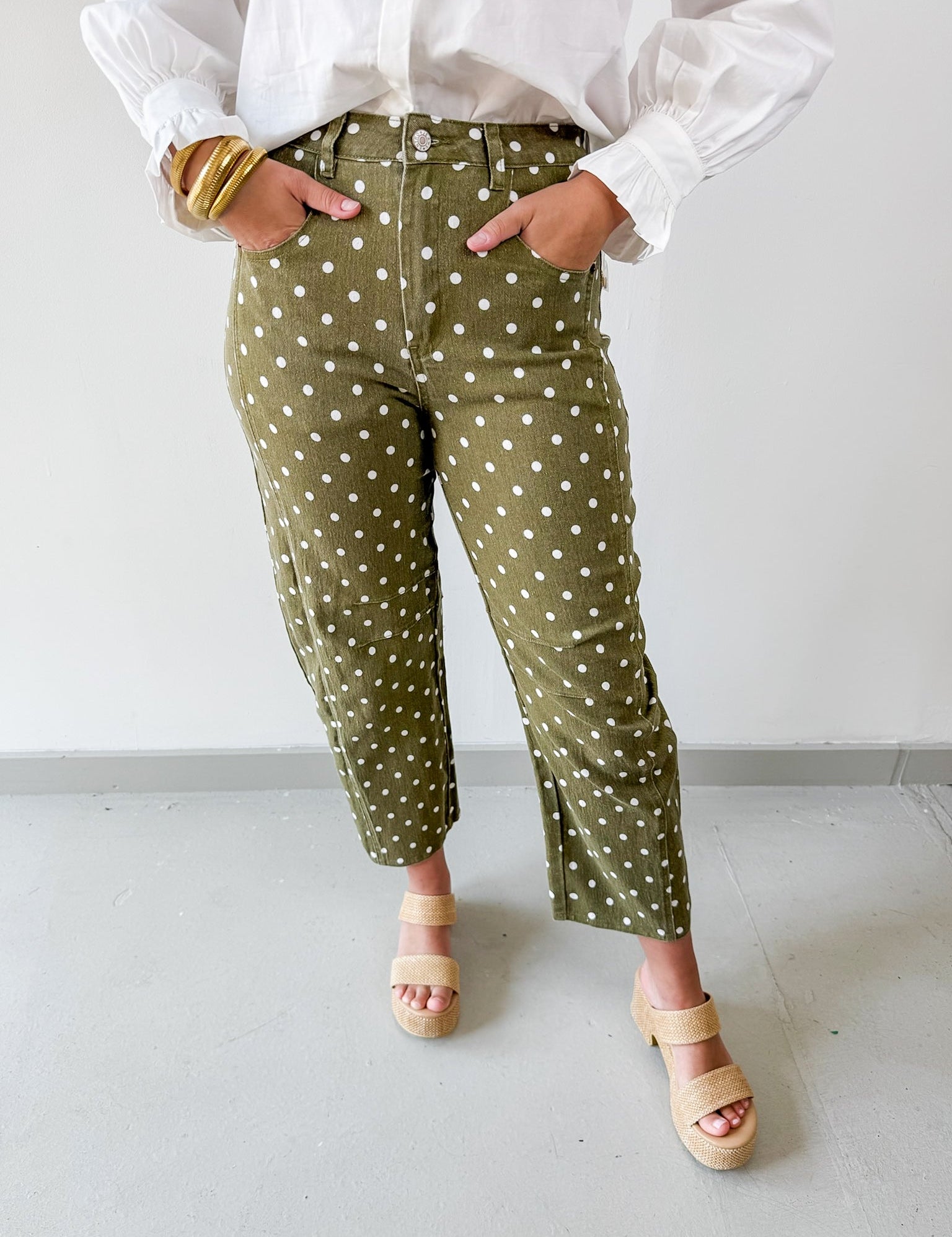 Polka Dot Print Pants - Olive