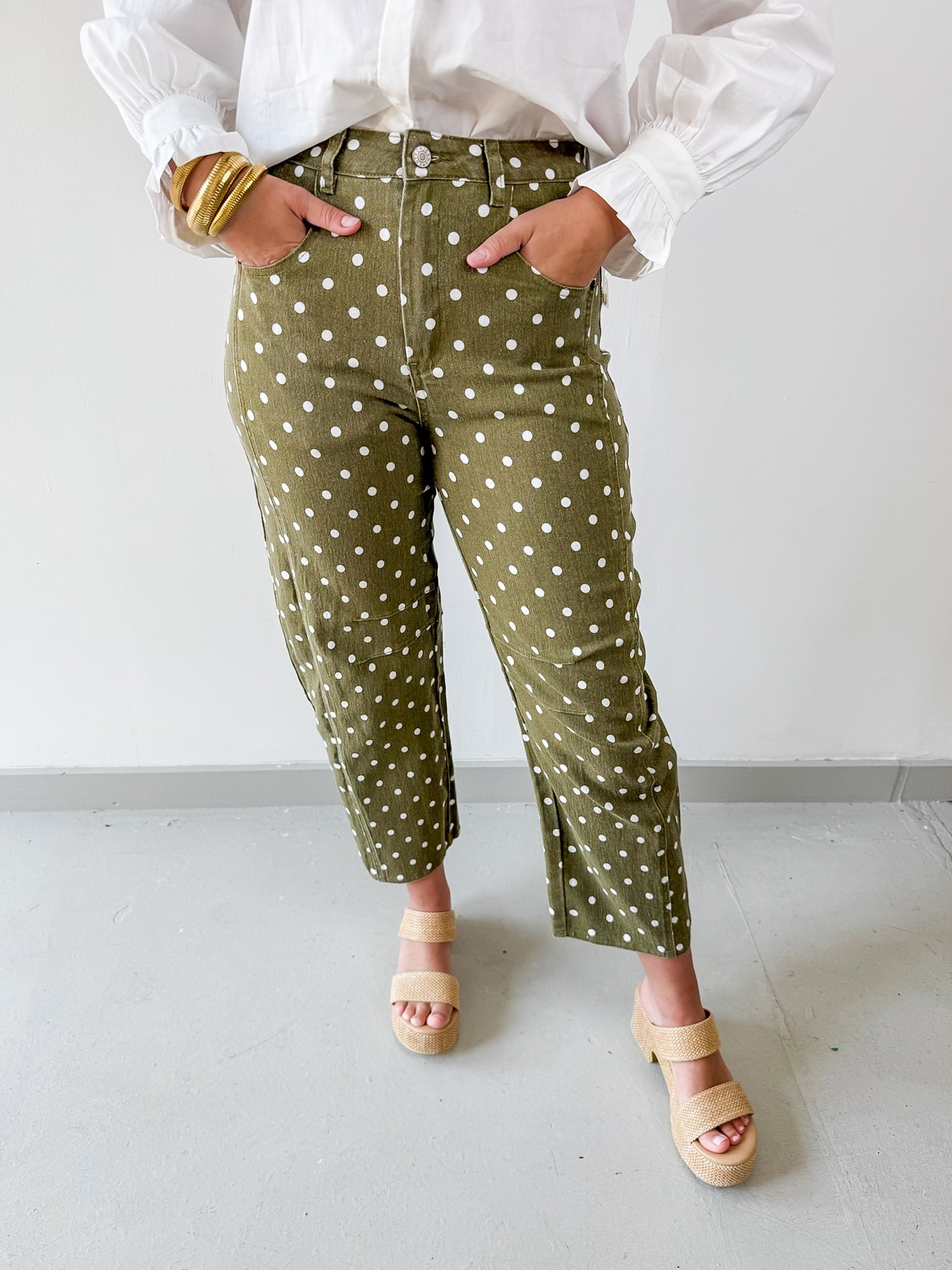 Polka Dot Print Pants - Olive