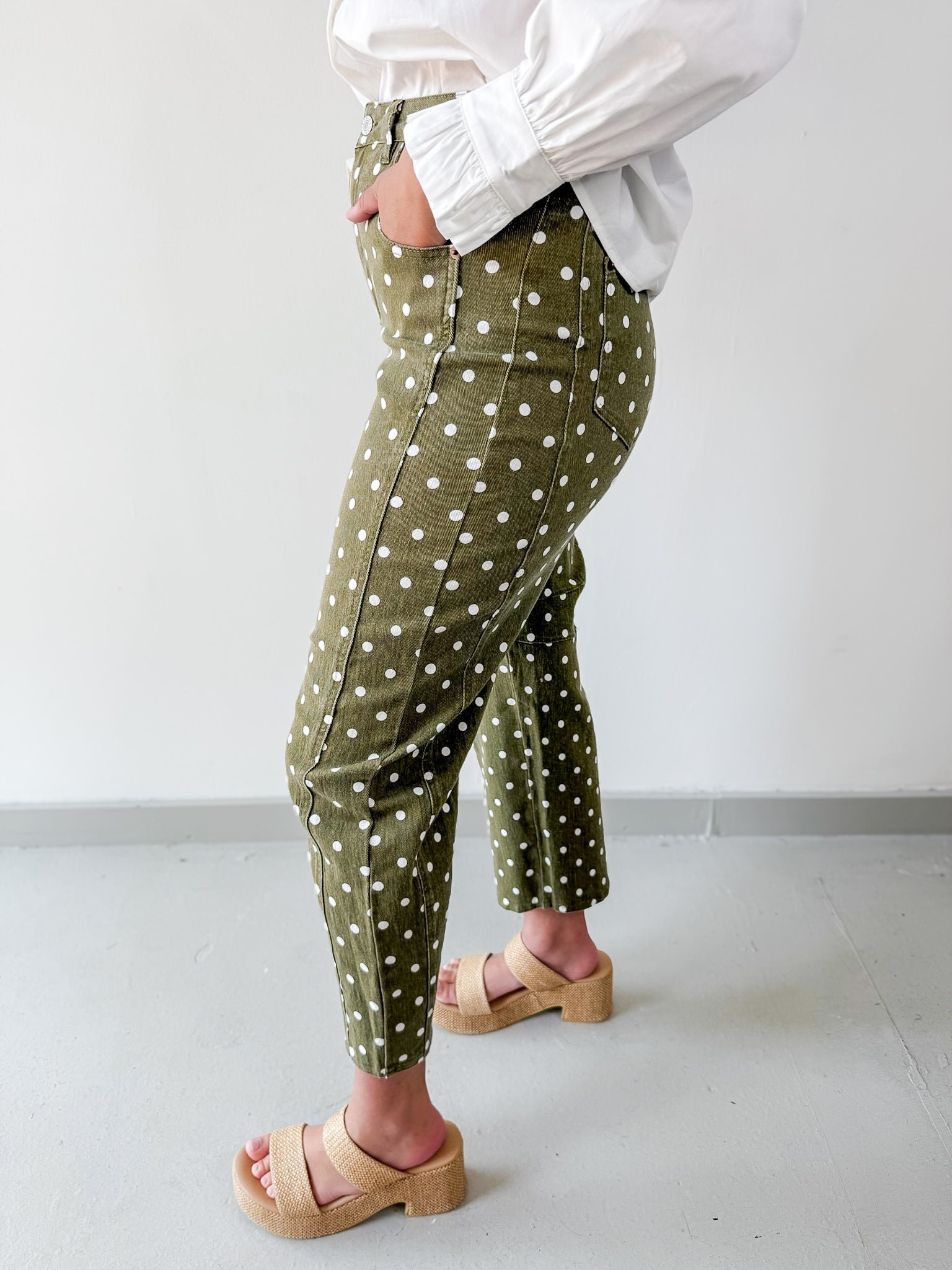 Polka Dot Print Pants - Olive