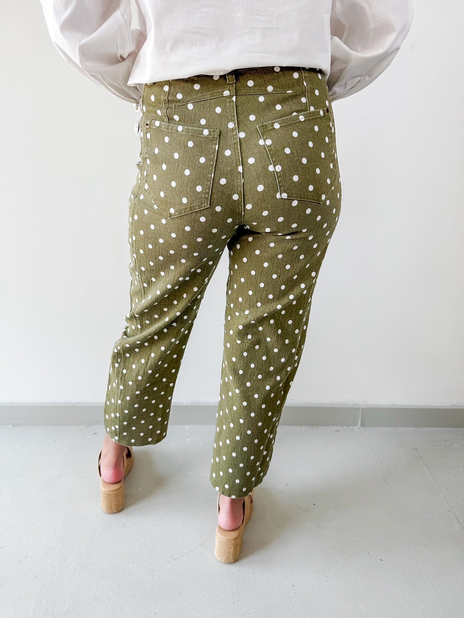 Polka Dot Print Pants - Olive