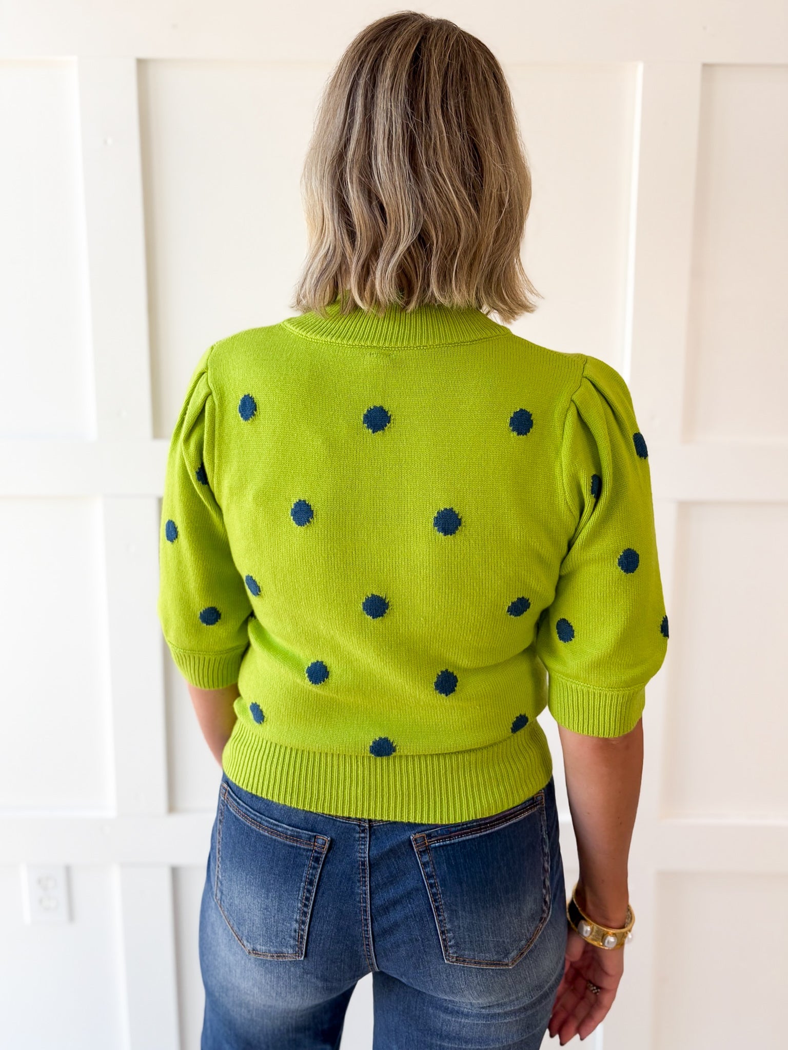 Polka Dot Puff Sleeve Knit Top- Green