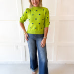 Polka Dot Puff Sleeve Knit Top- Green