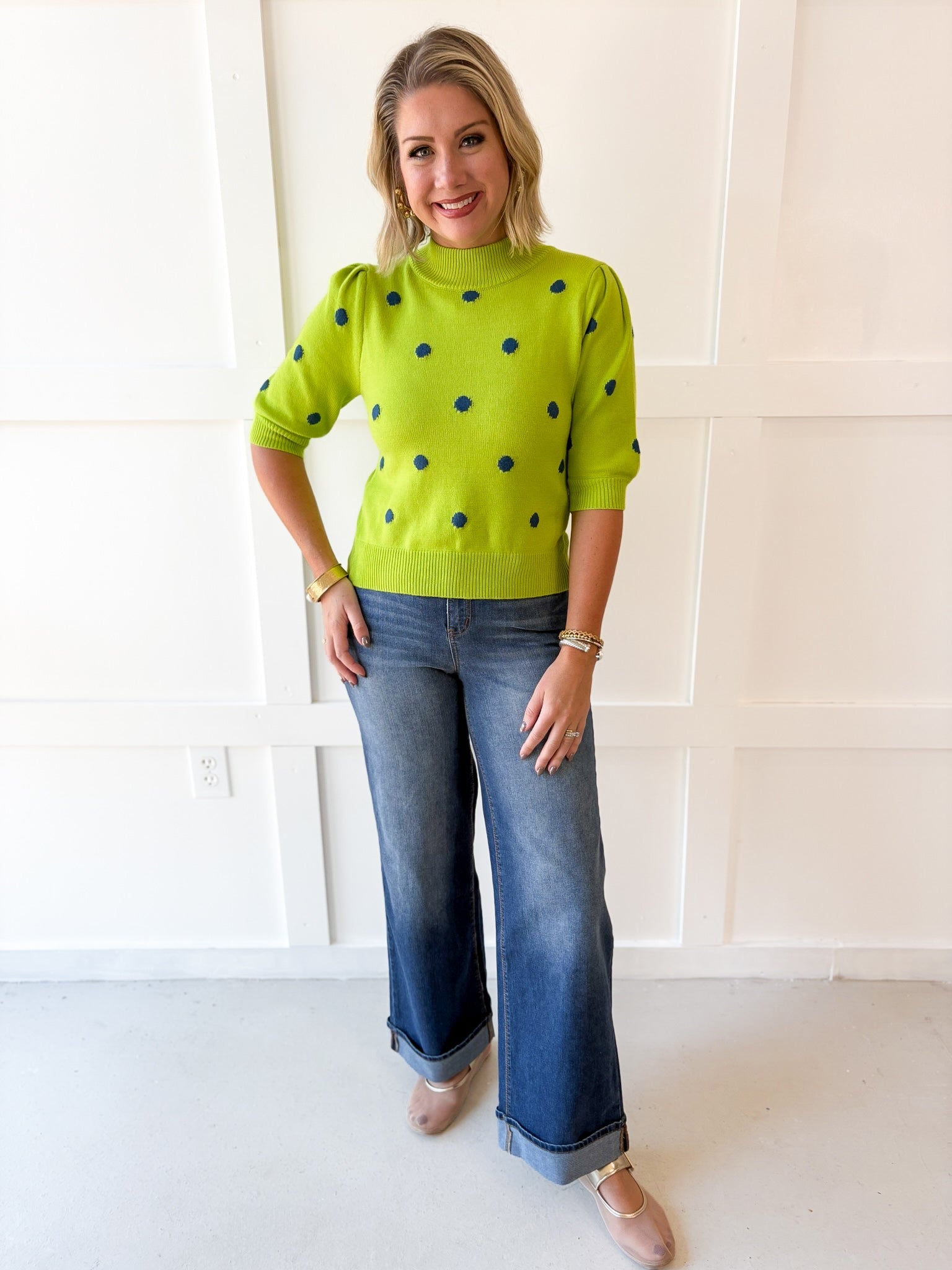 Polka Dot Puff Sleeve Knit Top- Green