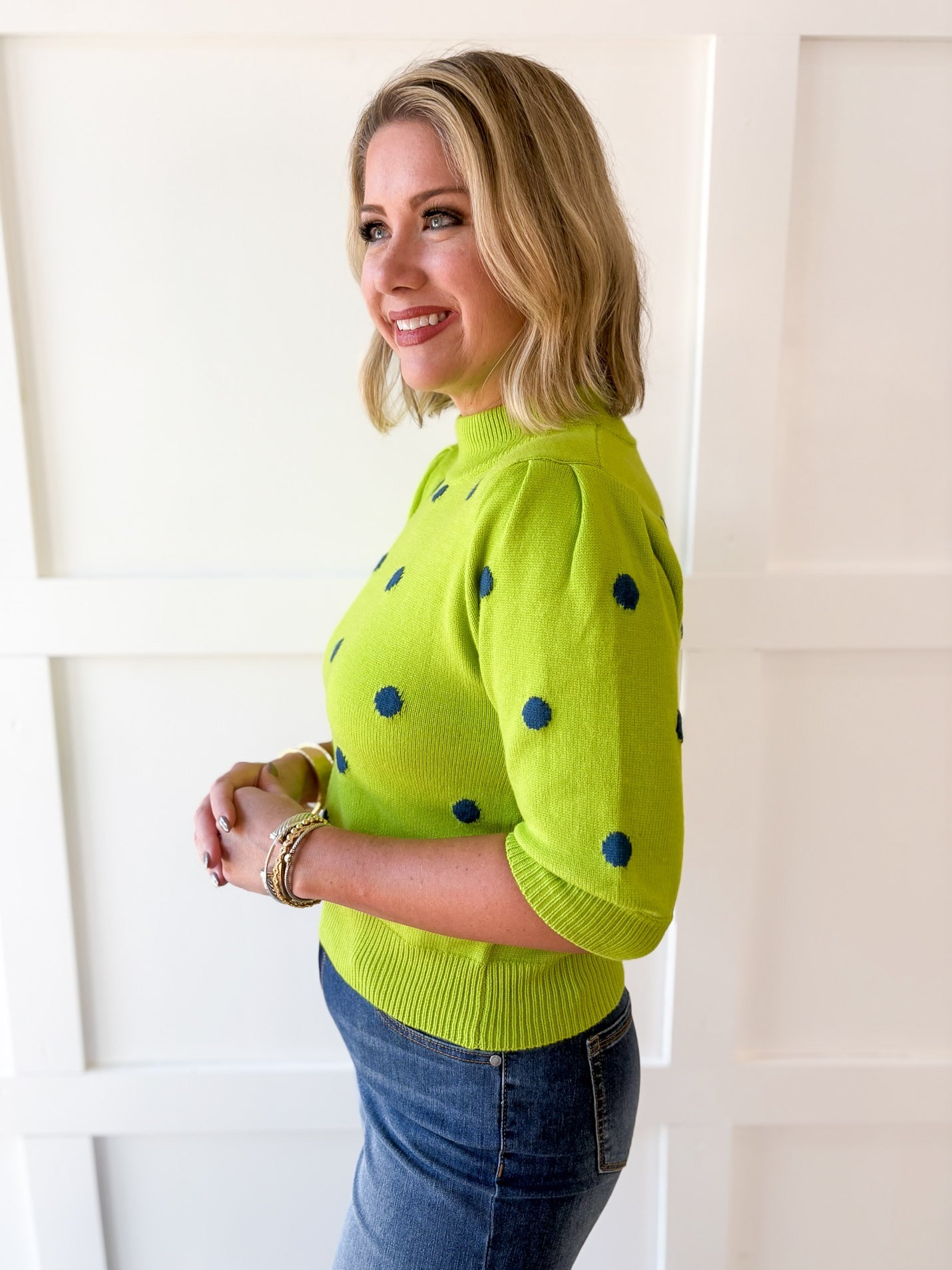 Polka Dot Puff Sleeve Knit Top- Green