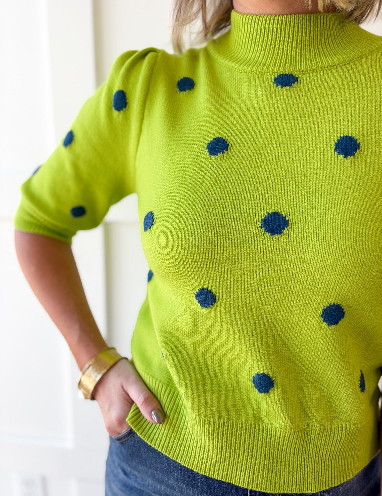 Polka Dot Puff Sleeve Knit Top- Green