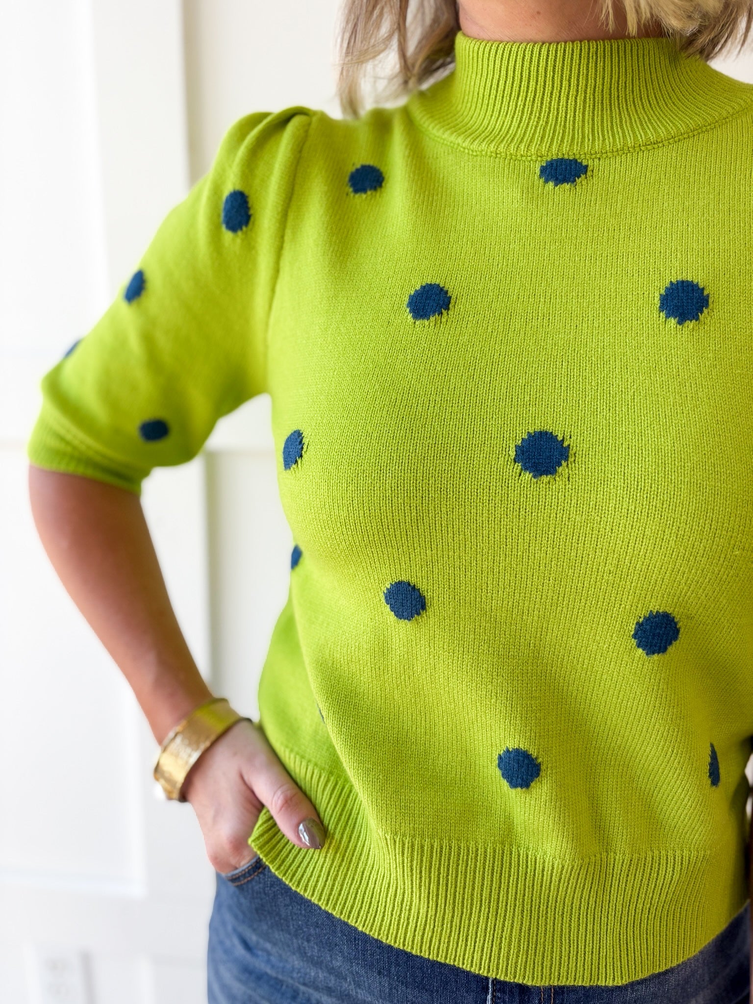 Polka Dot Puff Sleeve Knit Top- Green