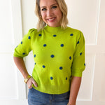 Polka Dot Puff Sleeve Knit Top- Green