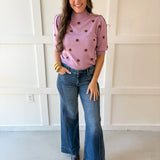 Polka Dot Puff Sleeve Knit Top- Pink