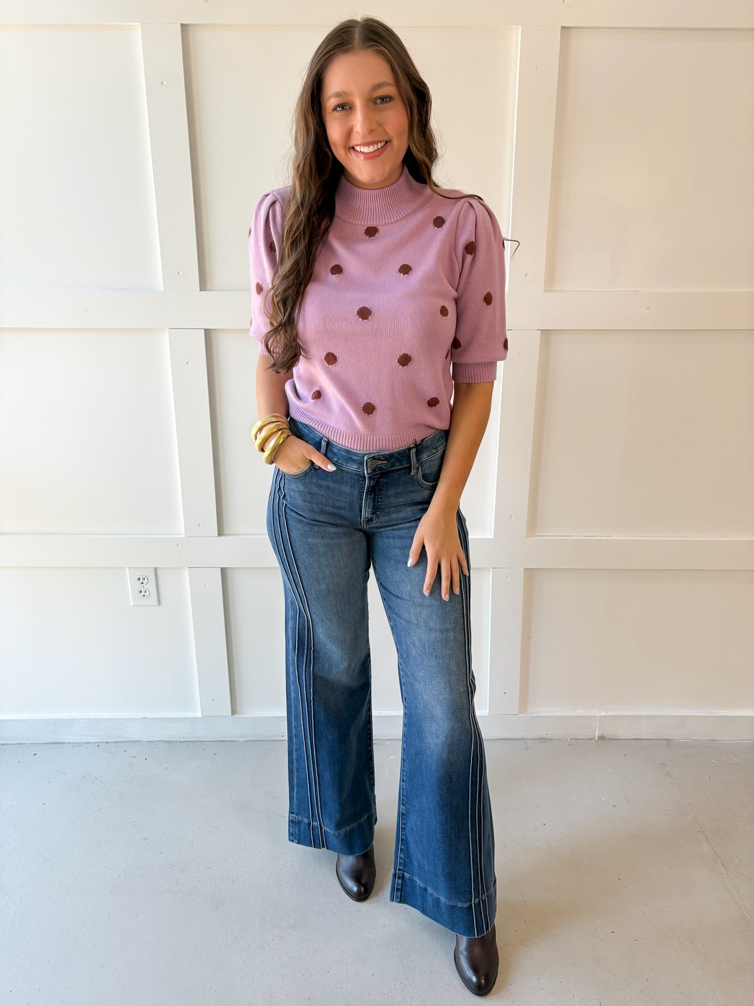 Polka Dot Puff Sleeve Knit Top- Pink