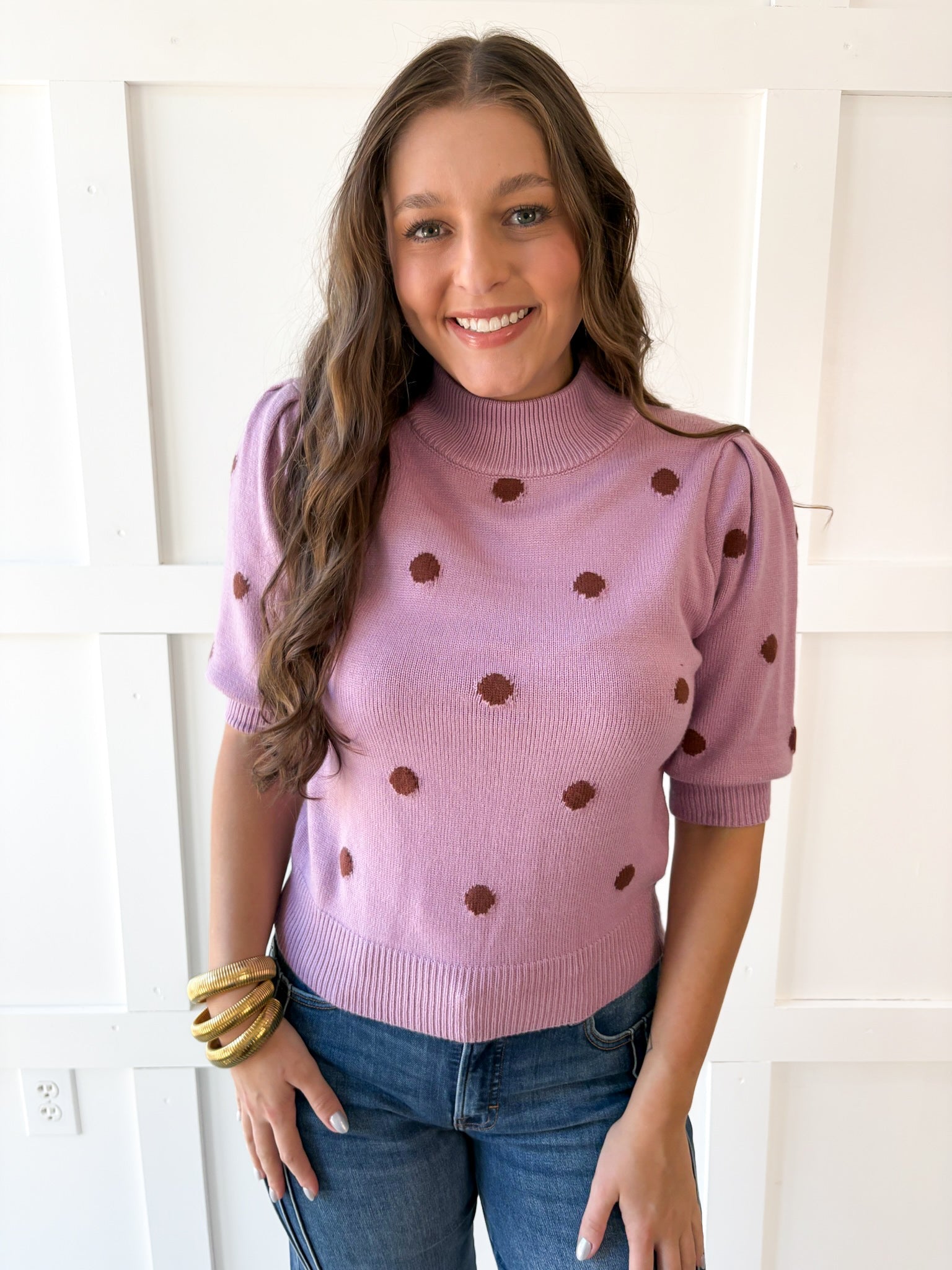 Polka Dot Puff Sleeve Knit Top- Pink