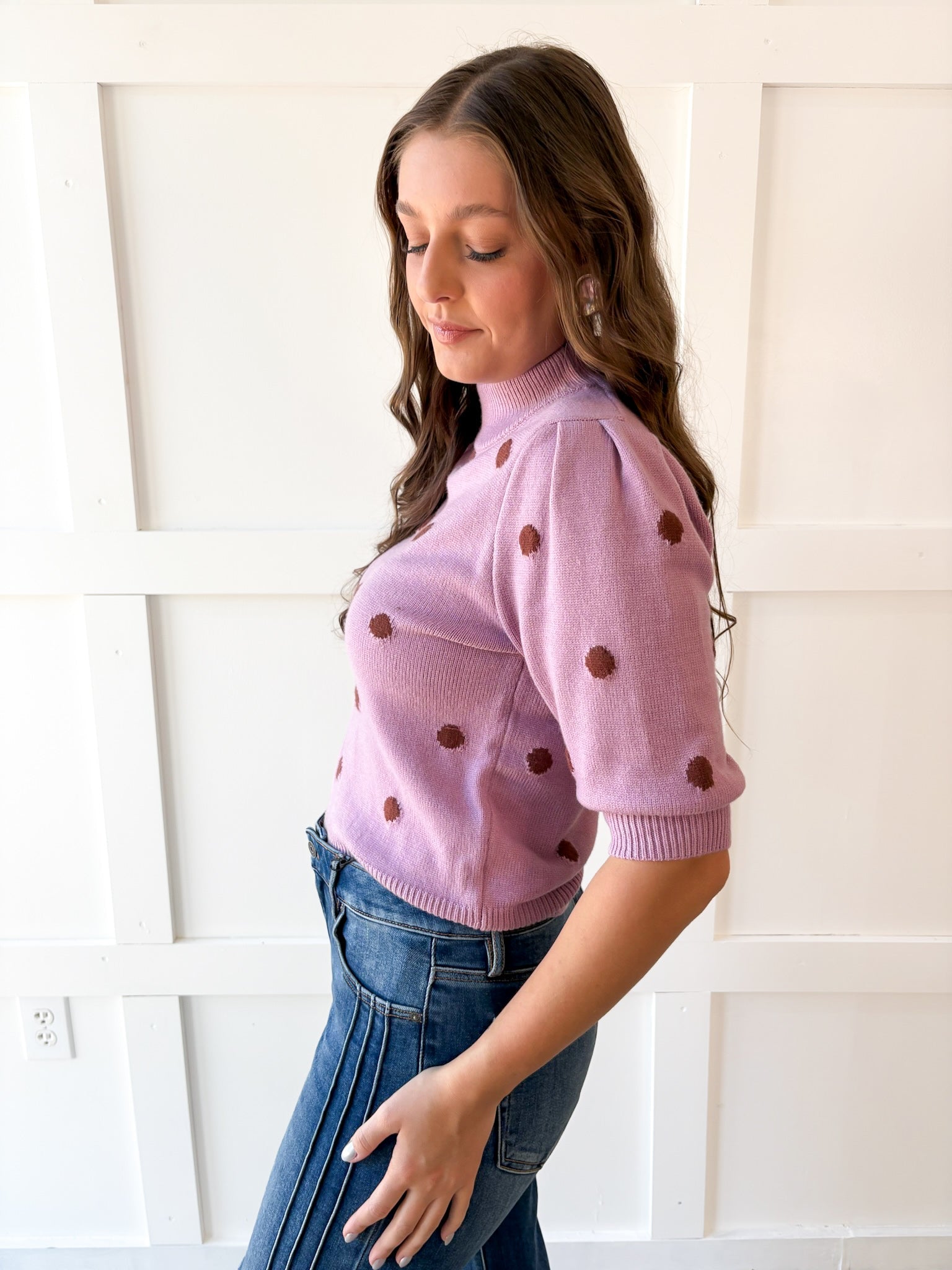 Polka Dot Puff Sleeve Knit Top- Pink