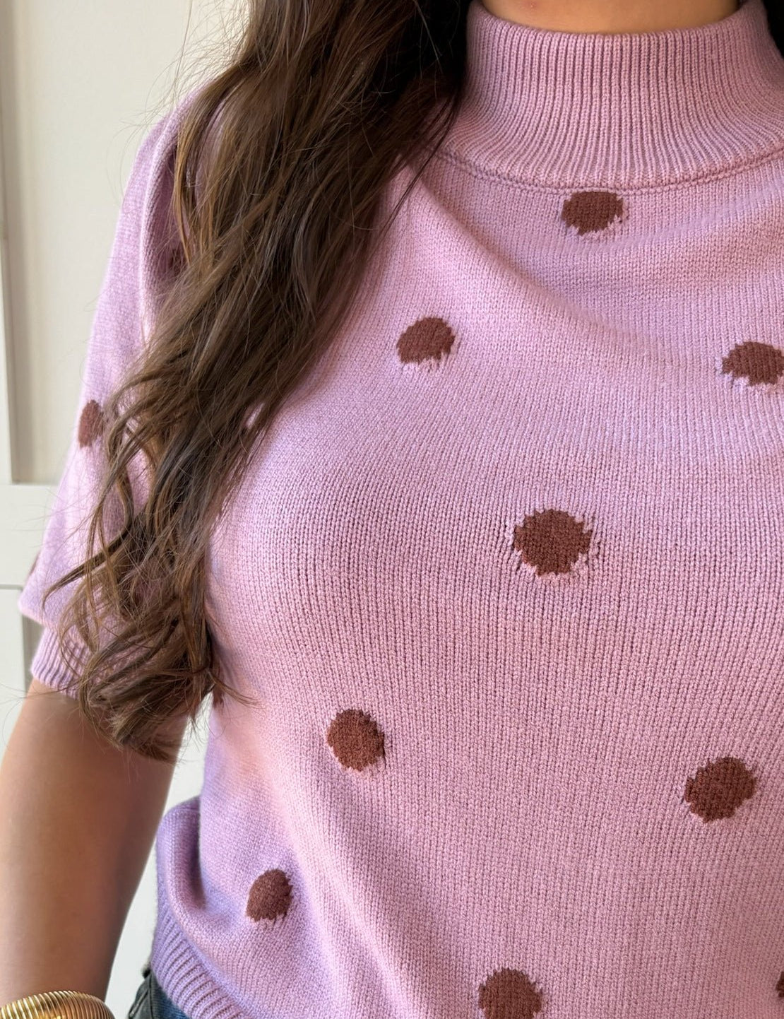 Polka Dot Puff Sleeve Knit Top- Pink