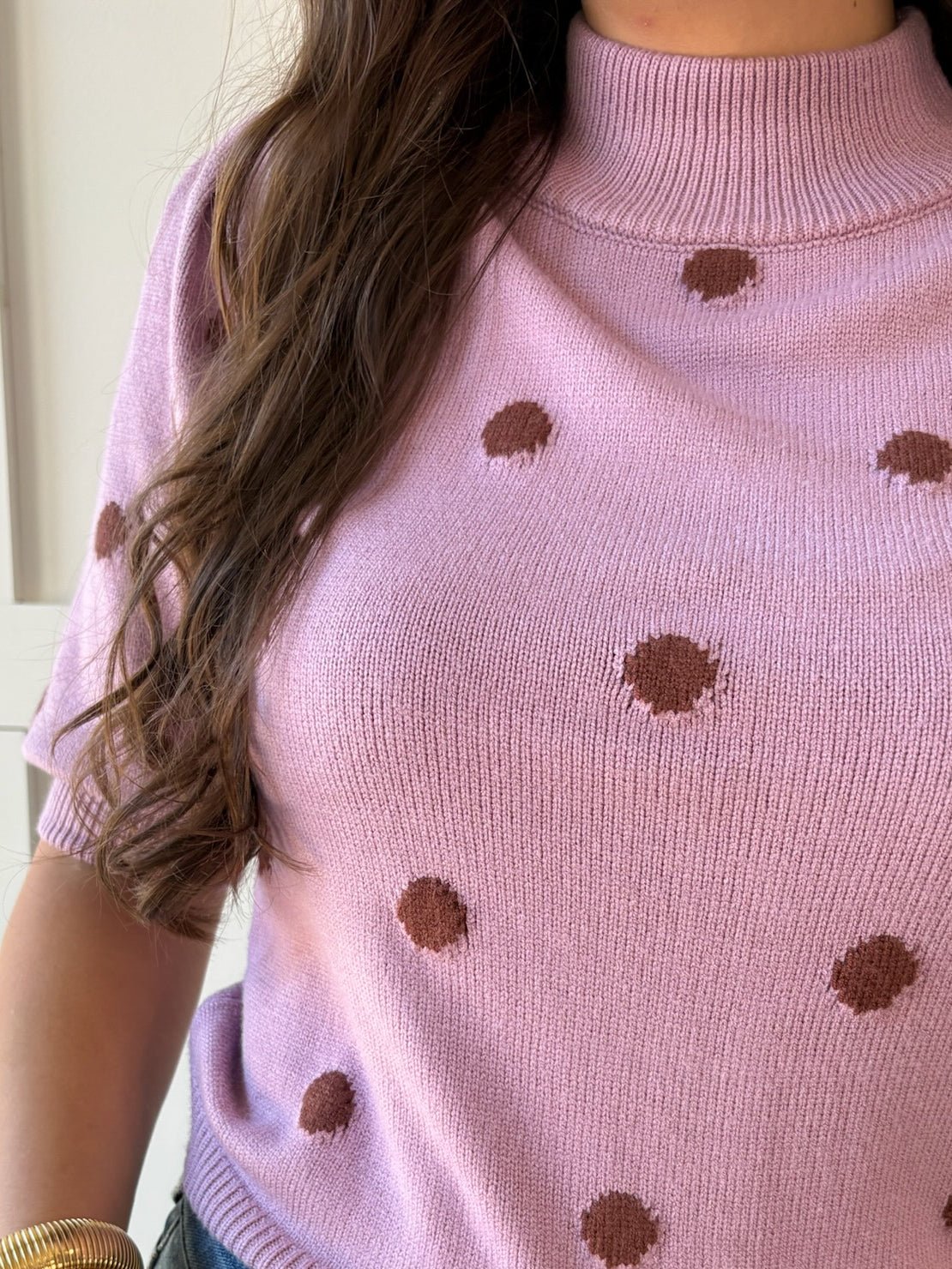Polka Dot Puff Sleeve Knit Top- Pink