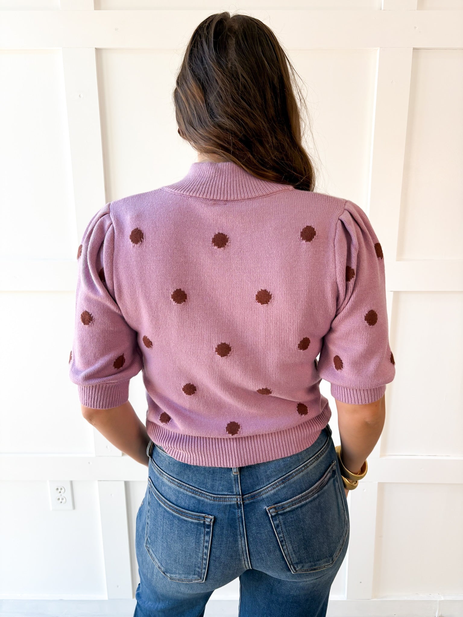 Polka Dot Puff Sleeve Knit Top- Pink