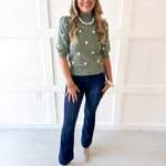 Polka Dot Puff Sleeve Knit Top- Sage
