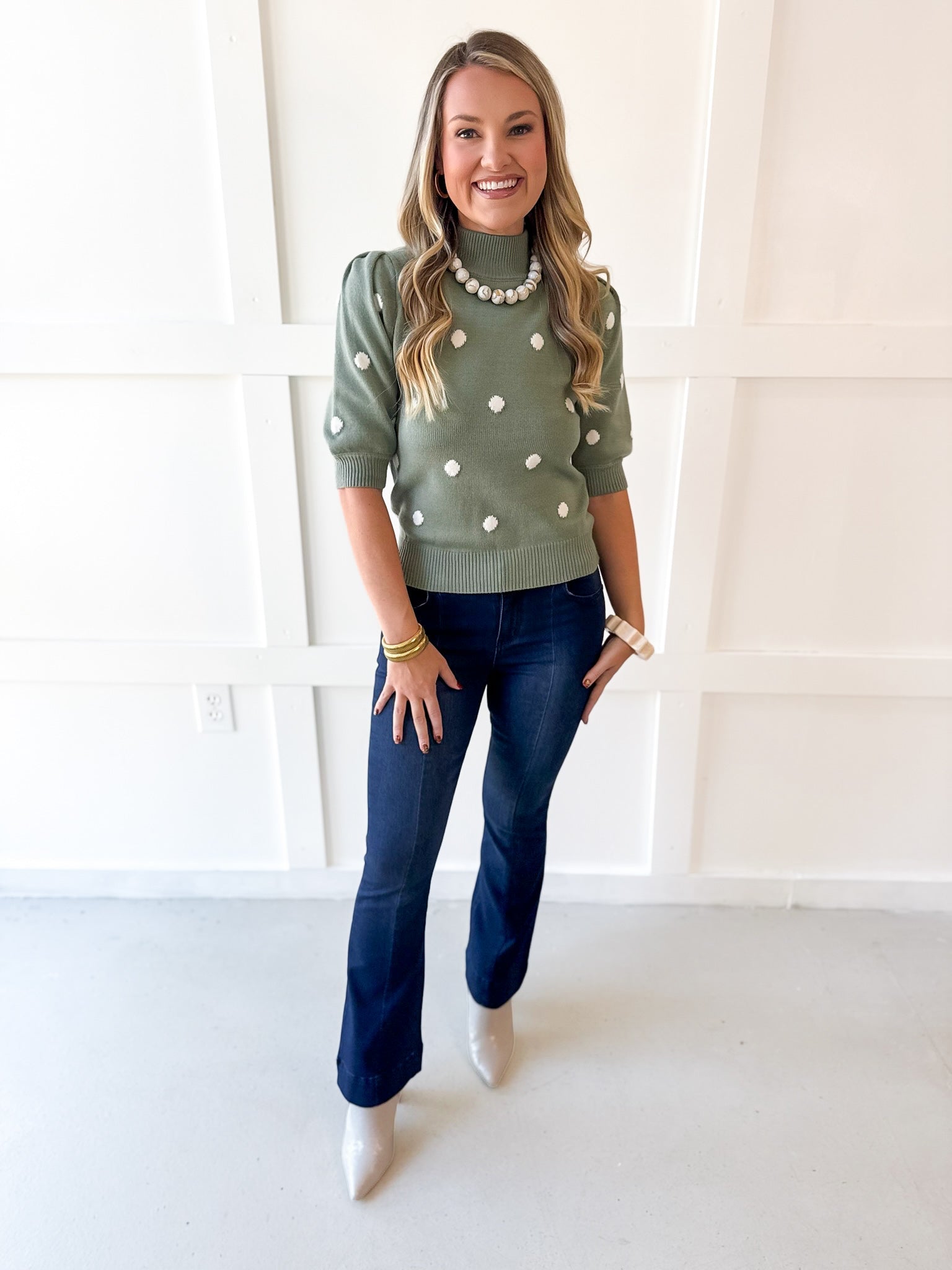Polka Dot Puff Sleeve Knit Top- Sage