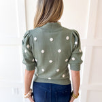 Polka Dot Puff Sleeve Knit Top- Sage