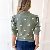 Polka Dot Puff Sleeve Knit Top- Sage