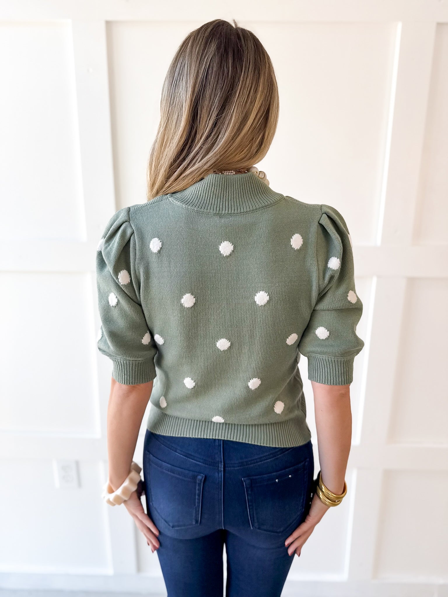 Polka Dot Puff Sleeve Knit Top- Sage