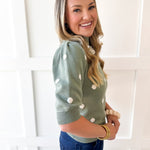 Polka Dot Puff Sleeve Knit Top- Sage