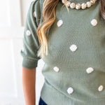 Polka Dot Puff Sleeve Knit Top- Sage