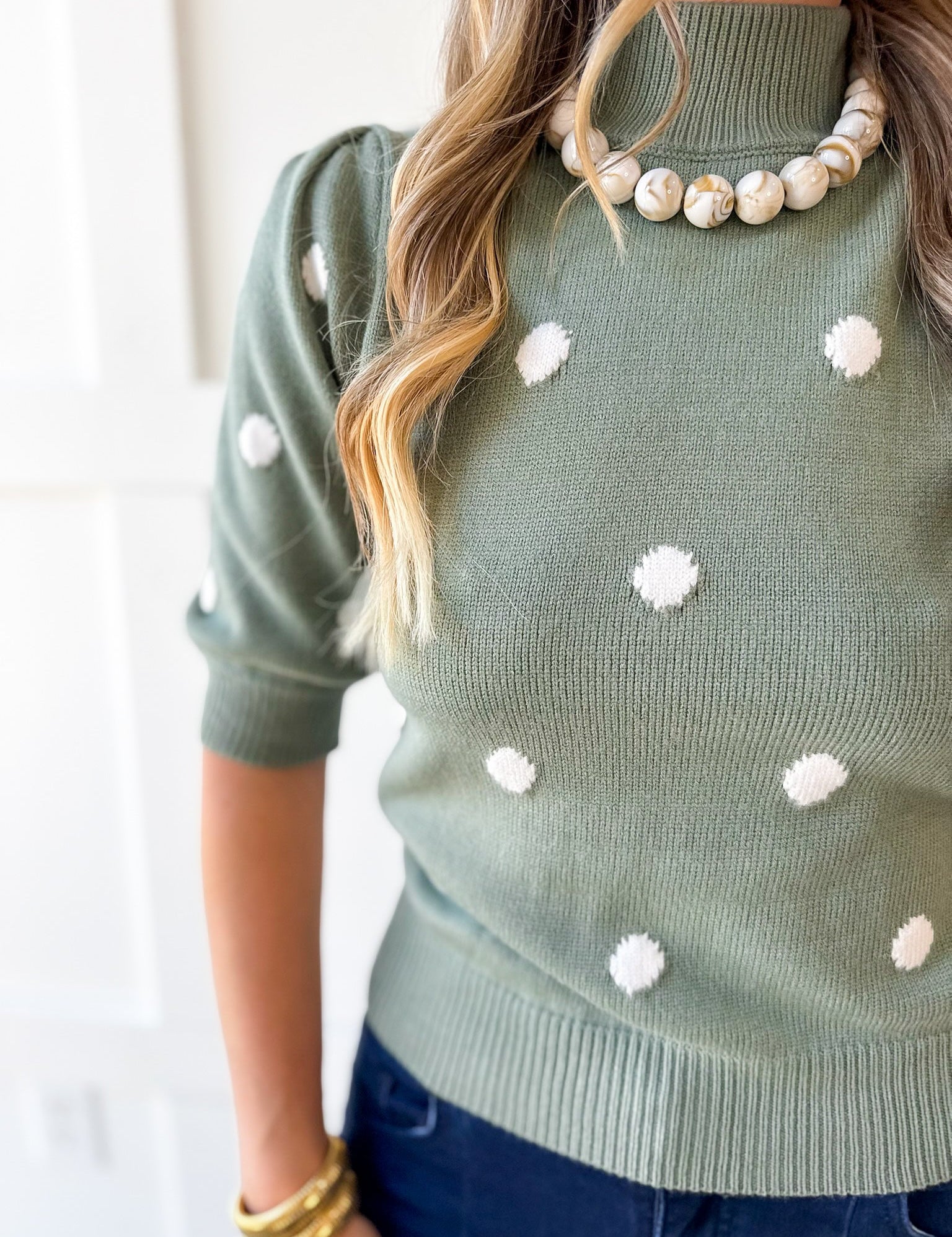 Polka Dot Puff Sleeve Knit Top- Sage
