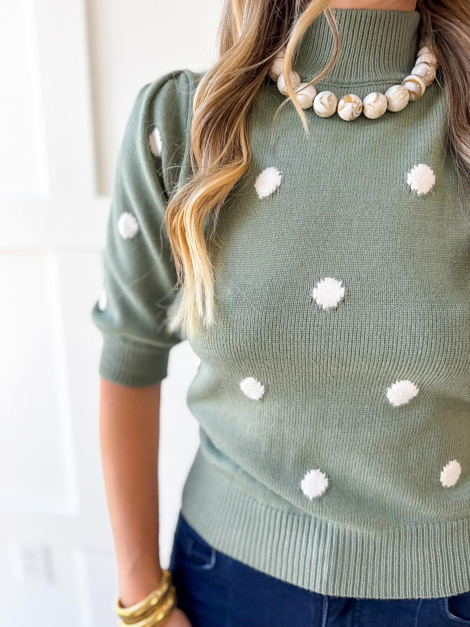 Polka Dot Puff Sleeve Knit Top- Sage