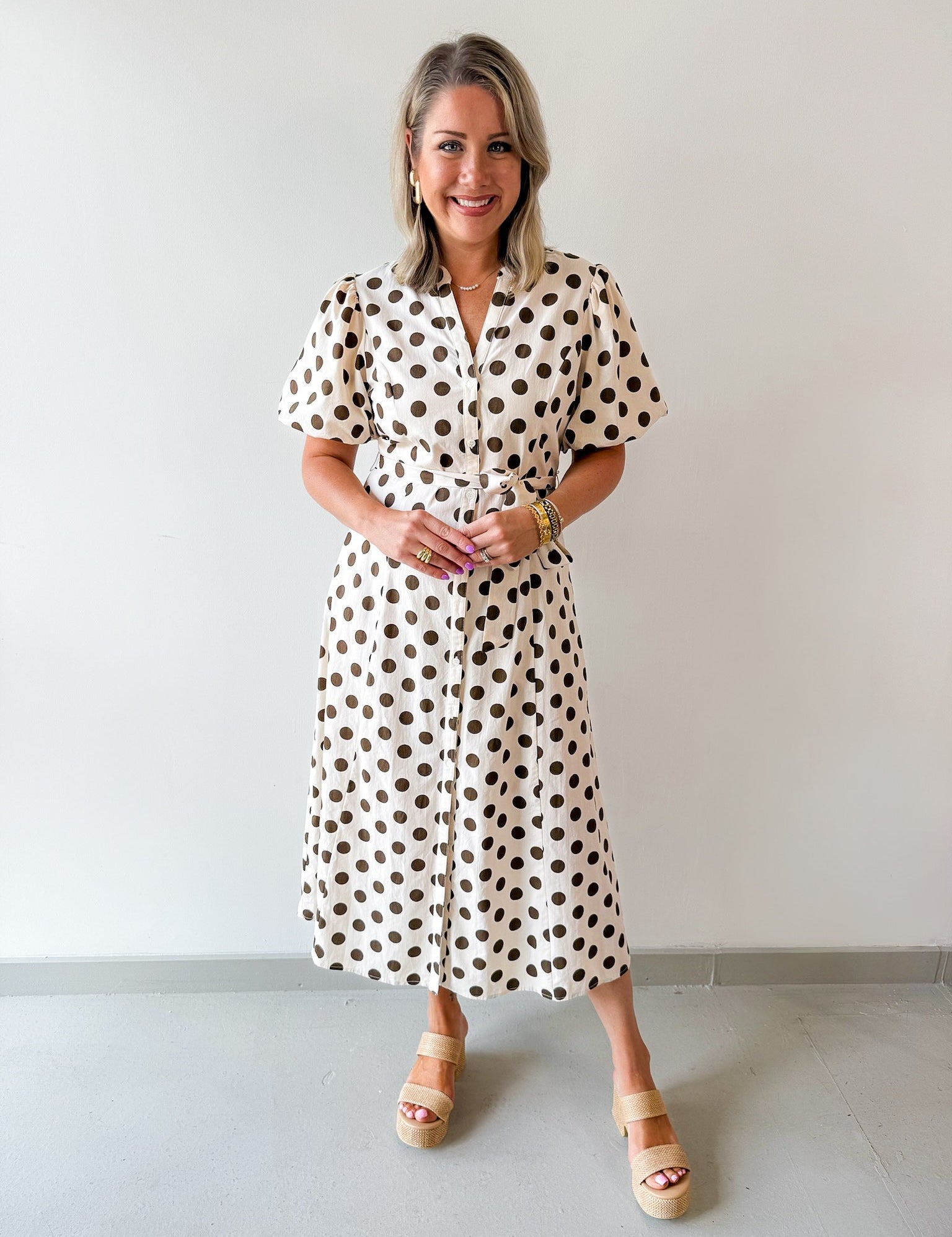 Polka Dot Puff Sleeve Midi Dress