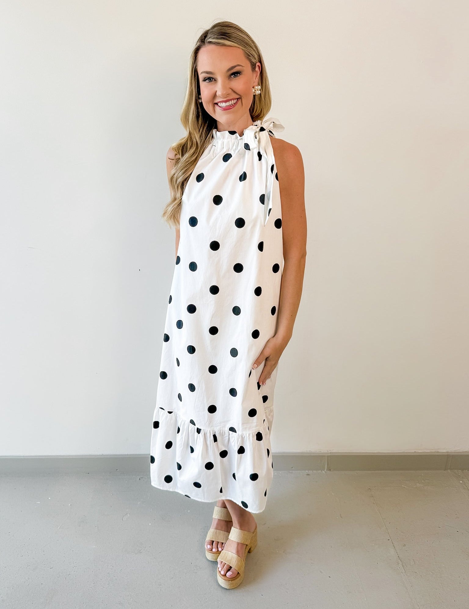 Polka Dot Ruffled Neck Dress