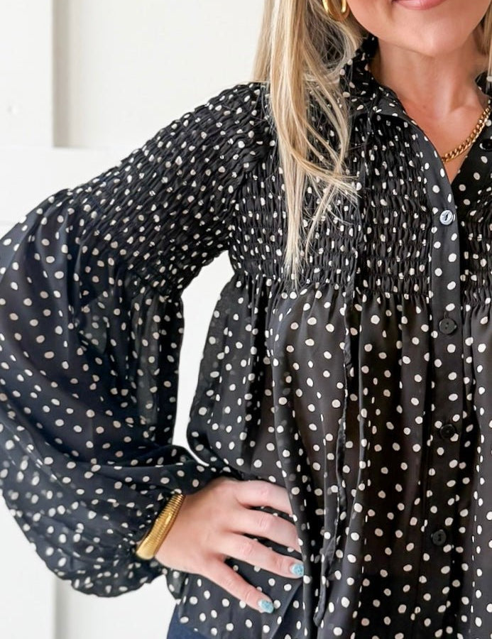 Polka Dot Satin Smocked Blouse