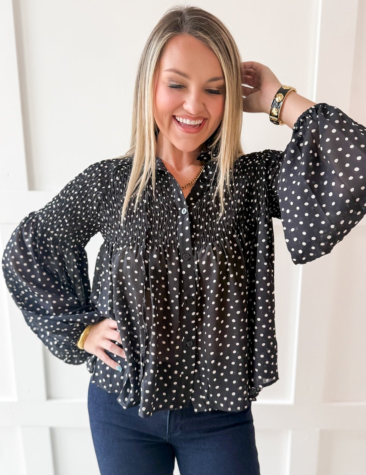 Polka Dot Satin Smocked Blouse