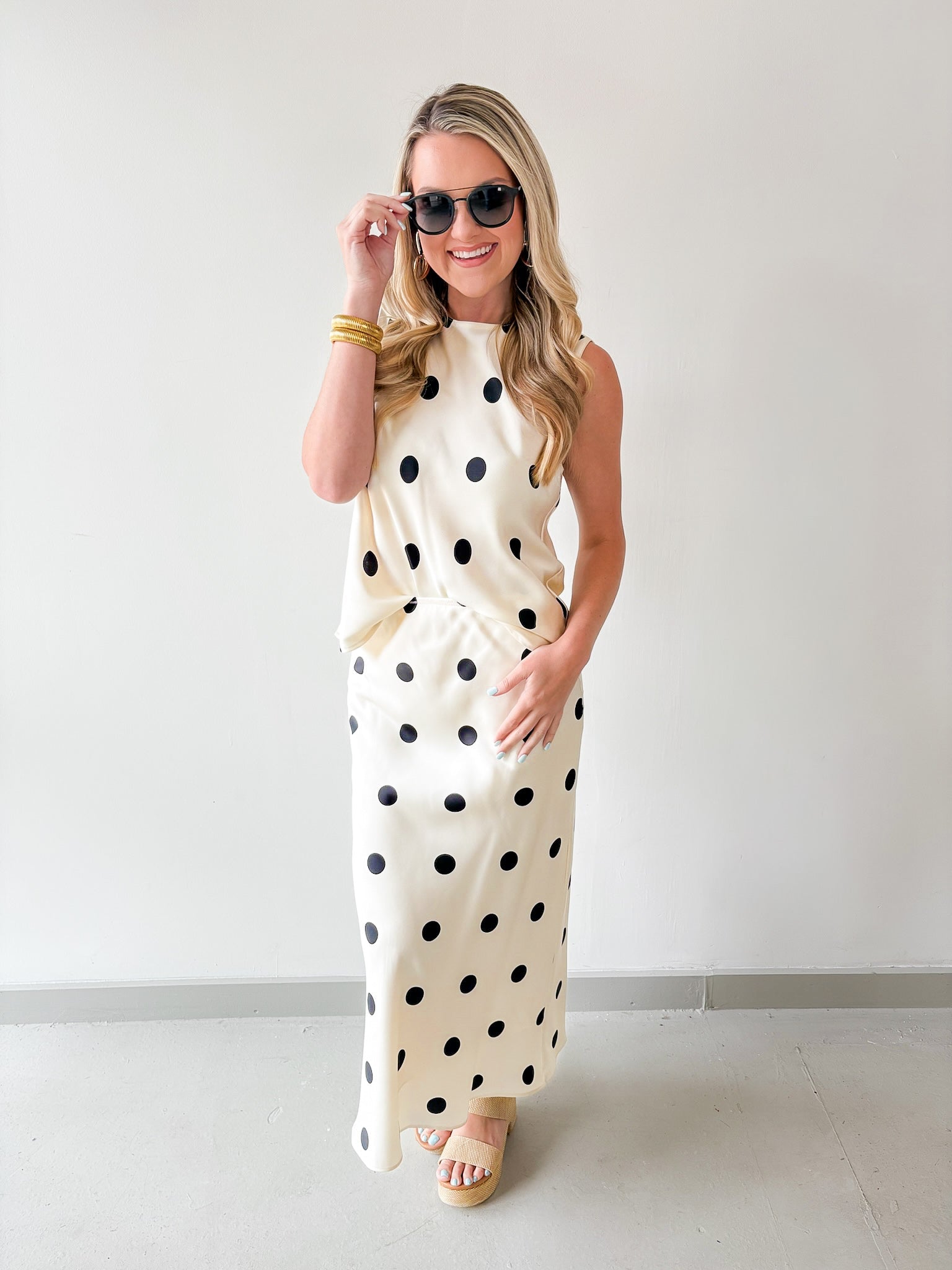 Polka Dot Satin Tank & Midi Skirt