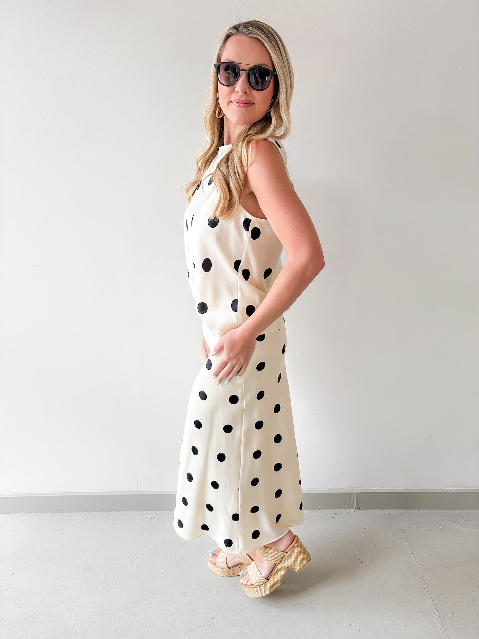 Polka Dot Satin Tank & Midi Skirt