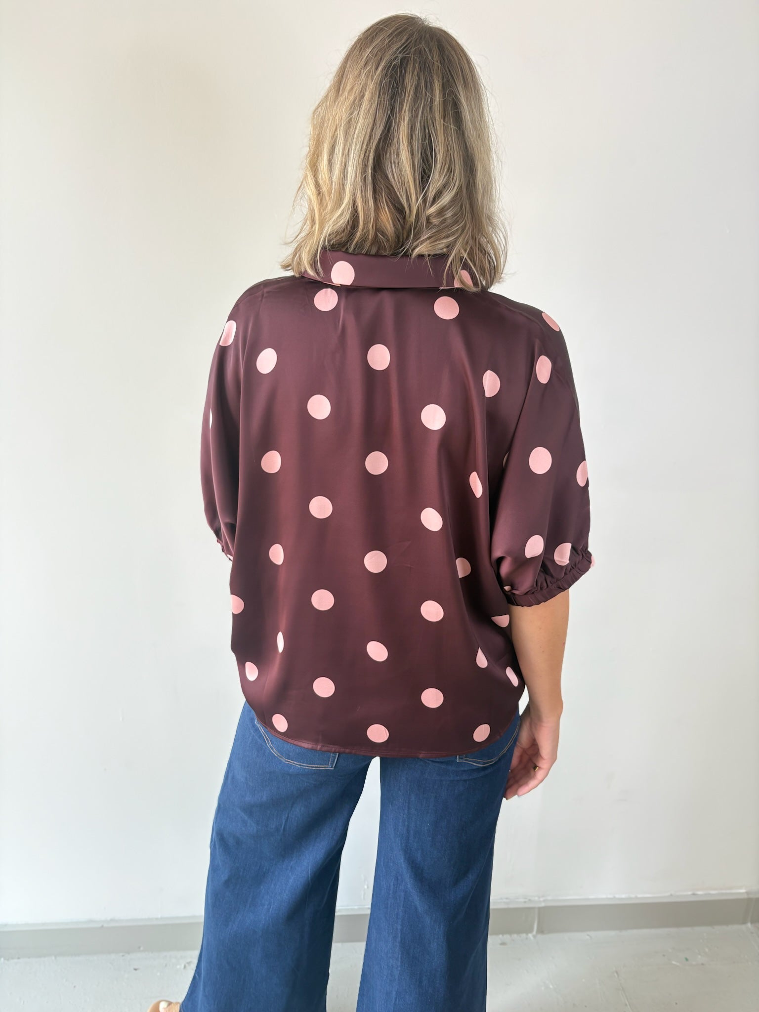 Polka Dot Satin Top- Burgundy