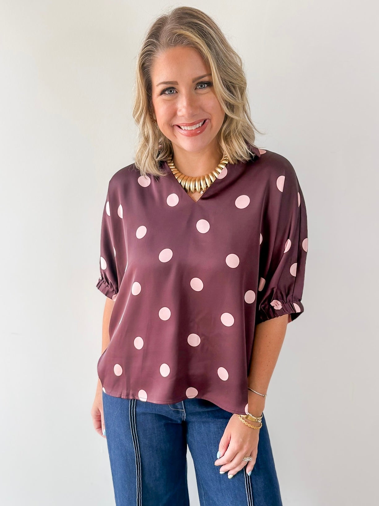 Polka Dot Satin Top- Burgundy