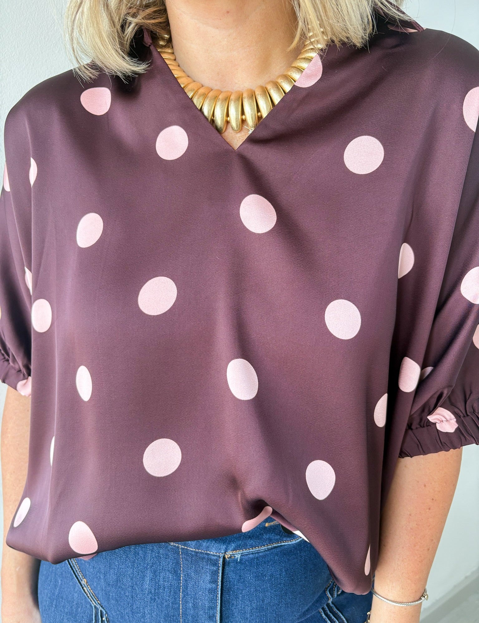 Polka Dot Satin Top- Burgundy