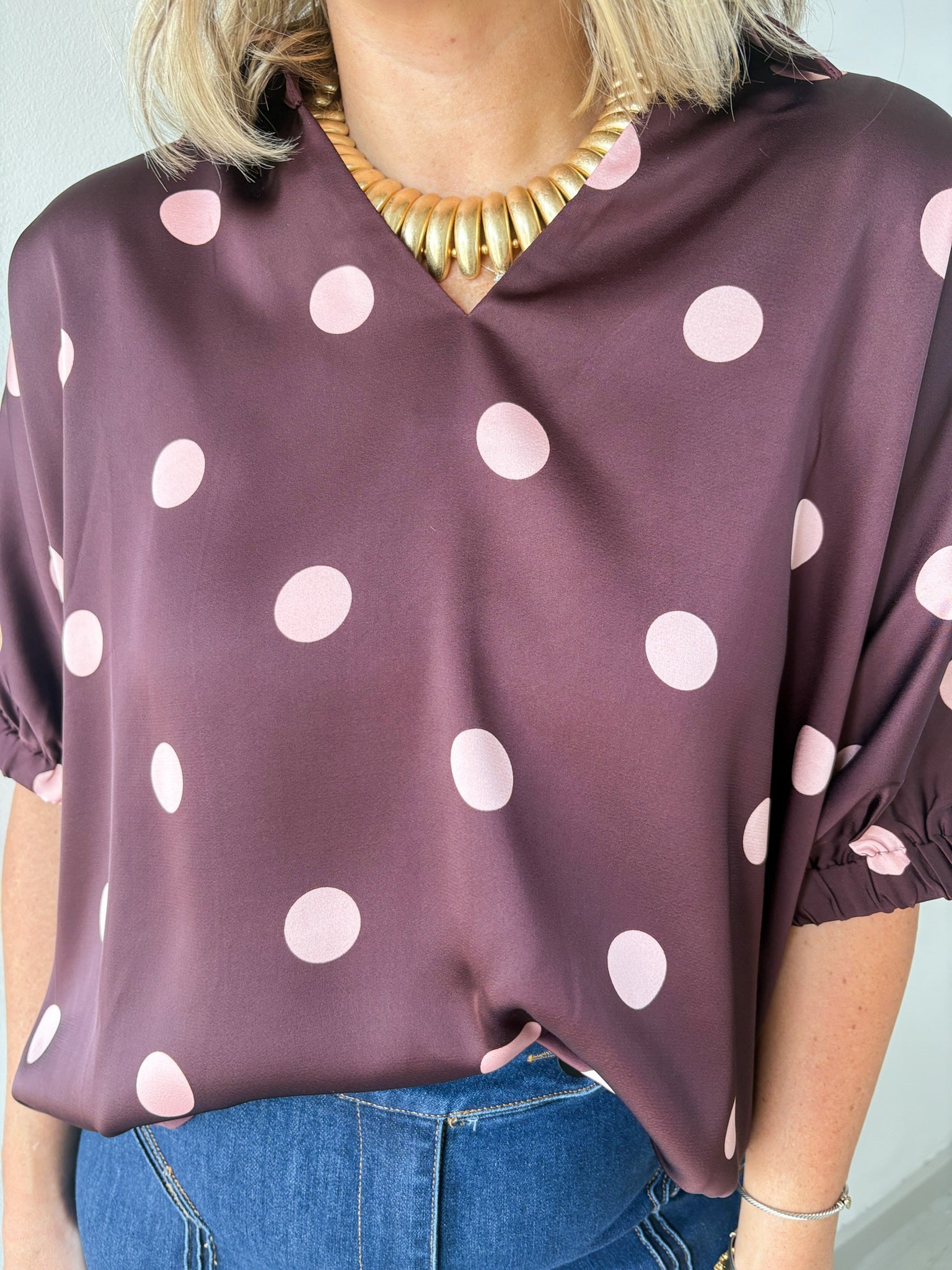 Polka Dot Satin Top- Burgundy