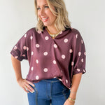 Polka Dot Satin Top- Burgundy