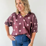 Polka Dot Satin Top- Burgundy