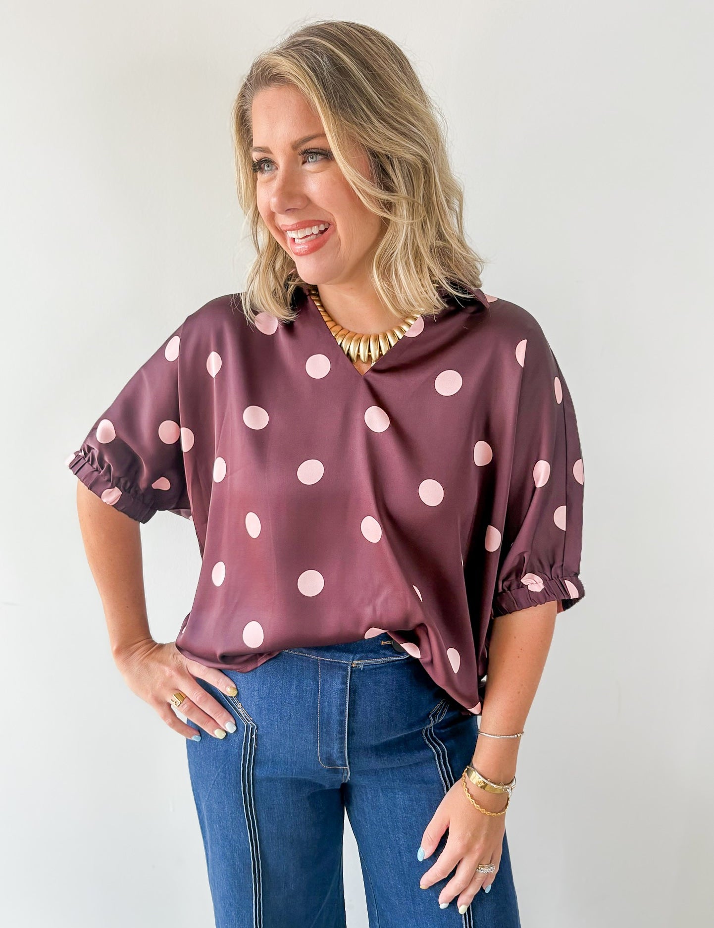 Polka Dot Satin Top- Burgundy