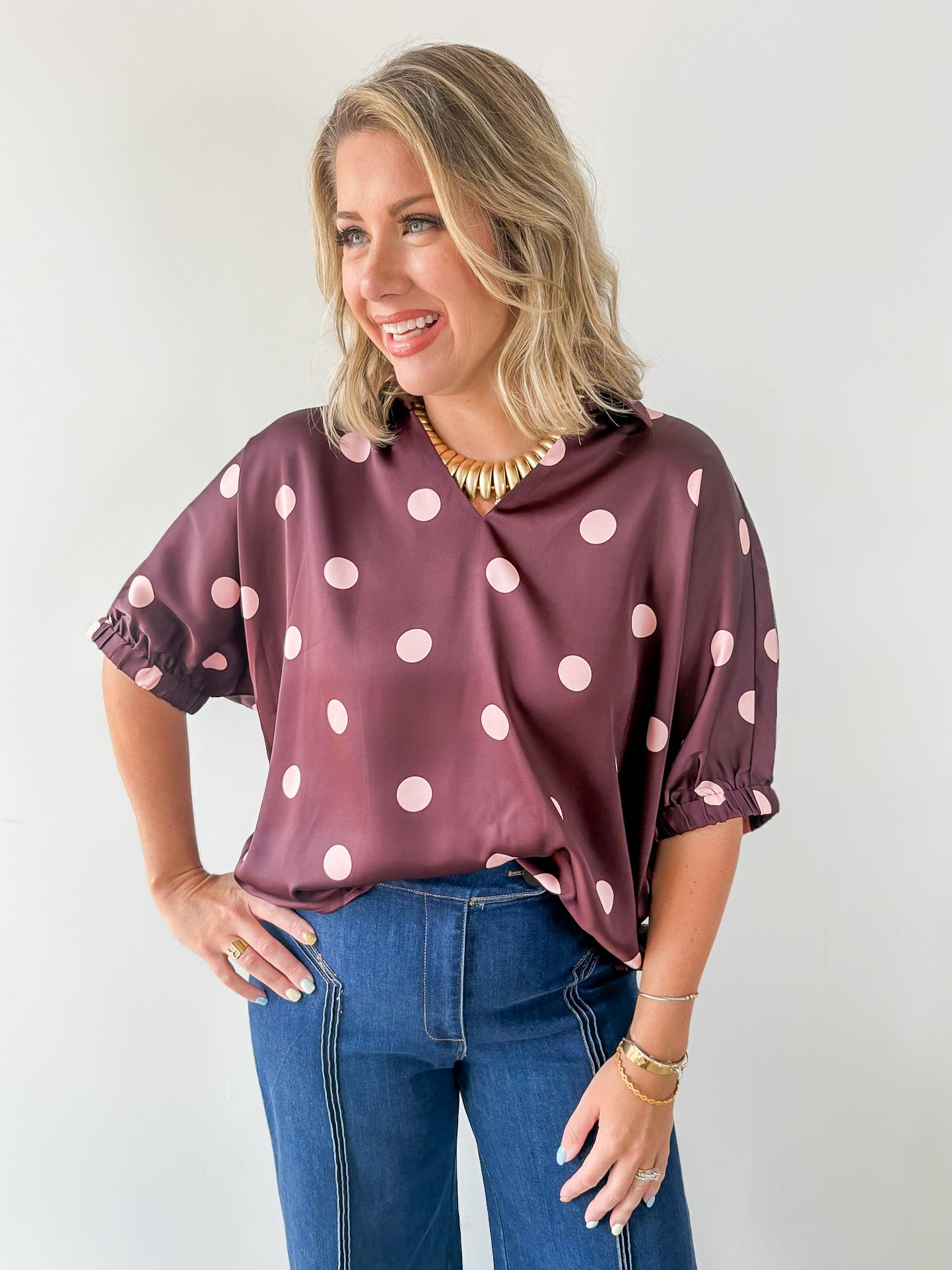 Polka Dot Satin Top- Burgundy