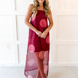 Polka Dot Sheer Maxi Dress - Burgandy