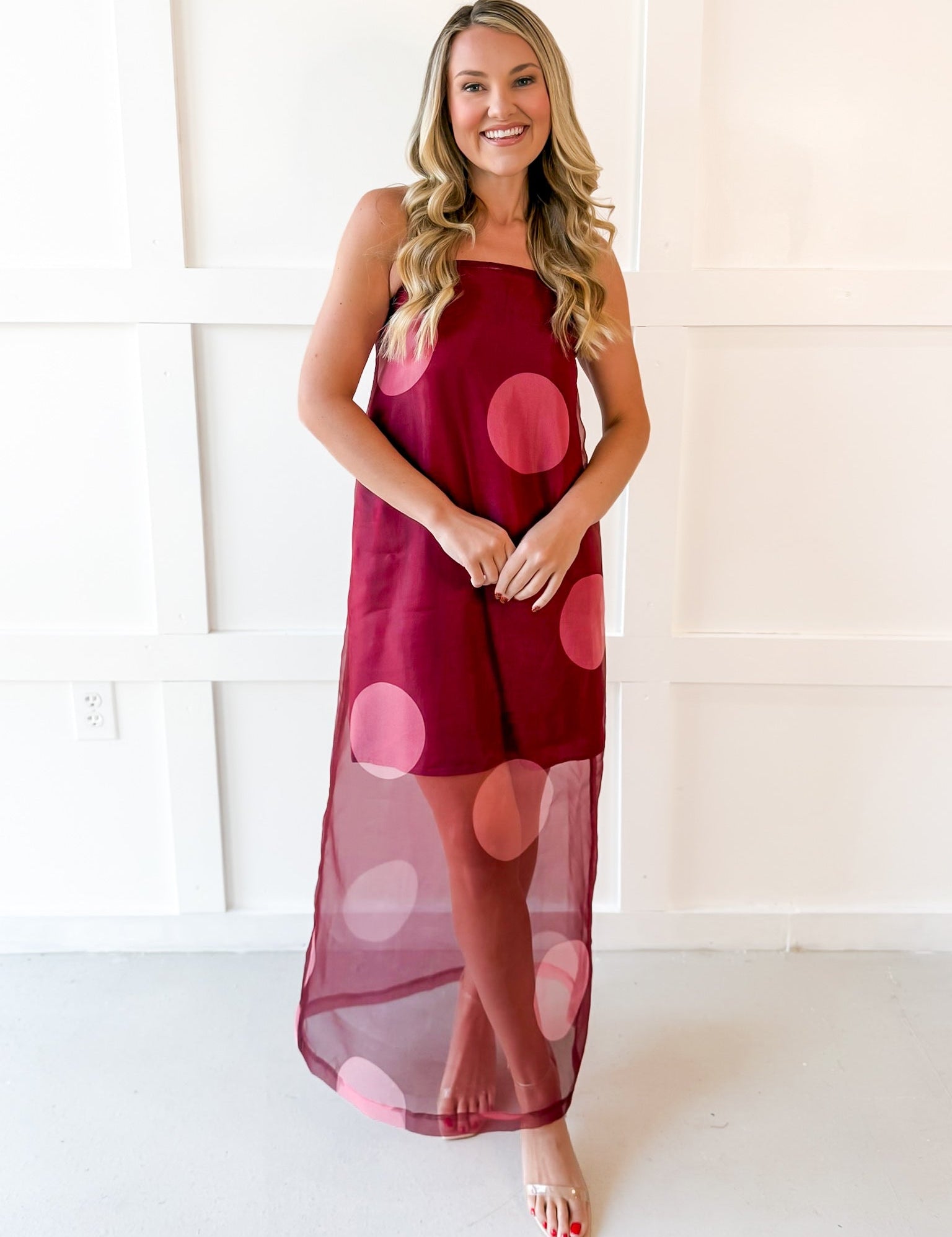 Polka Dot Sheer Maxi Dress - Burgandy