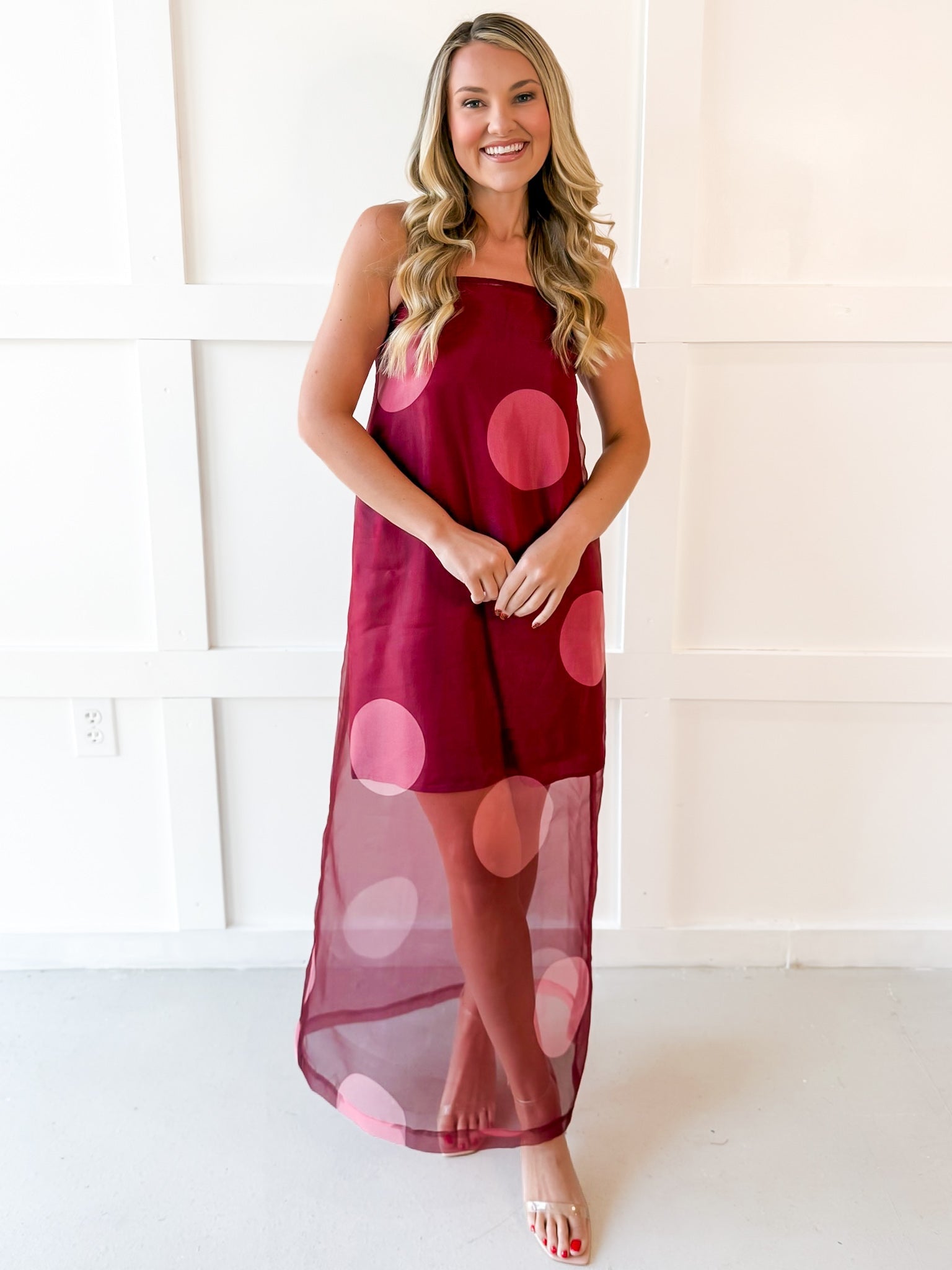 Polka Dot Sheer Maxi Dress - Burgandy