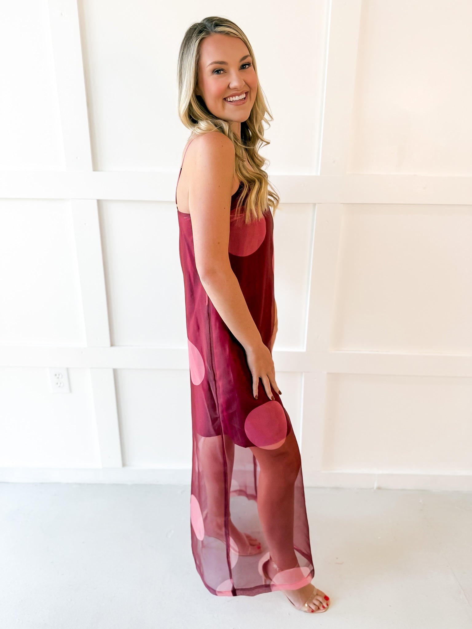 Polka Dot Sheer Maxi Dress - Burgandy