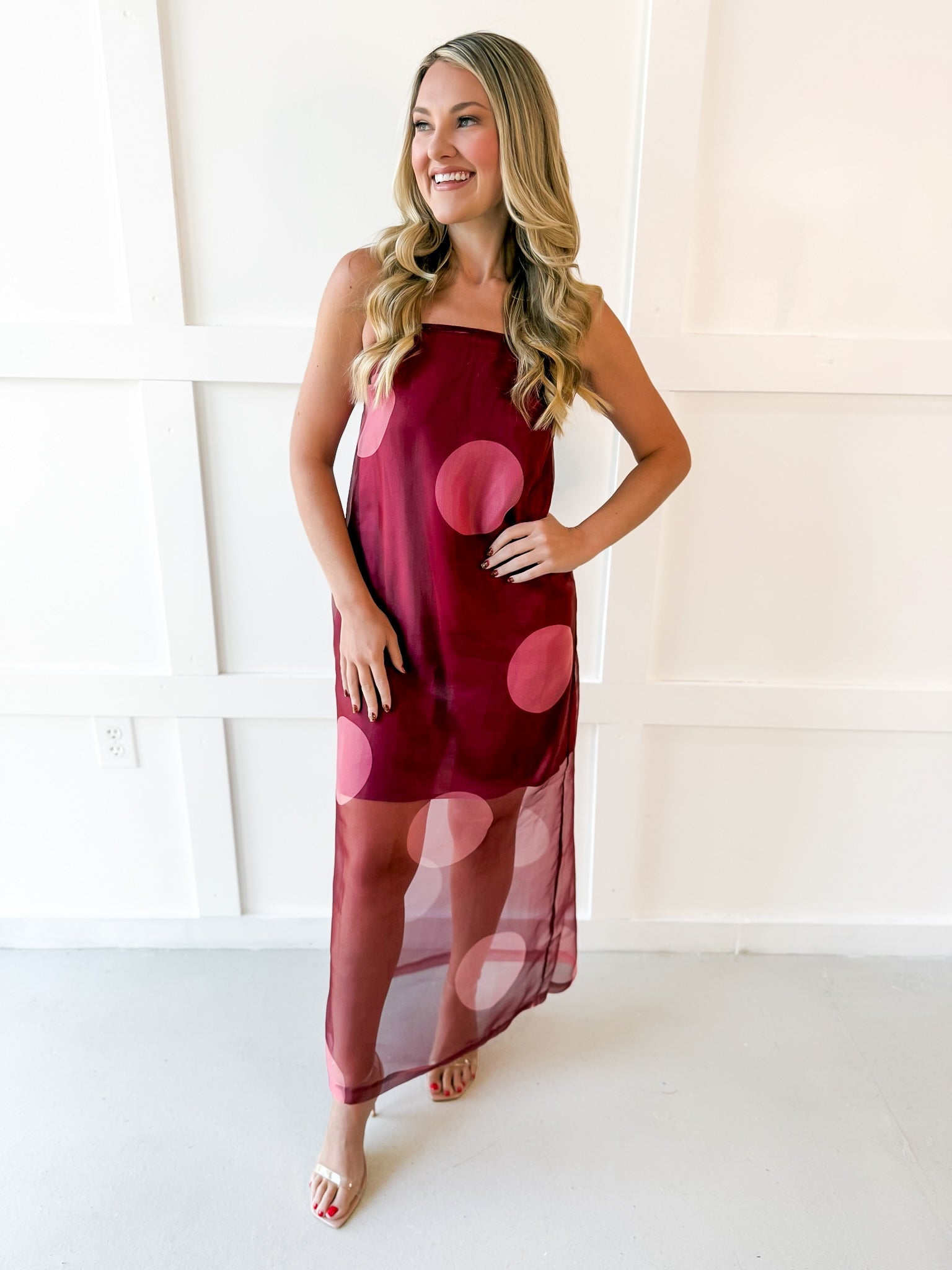 Polka Dot Sheer Maxi Dress - Burgandy
